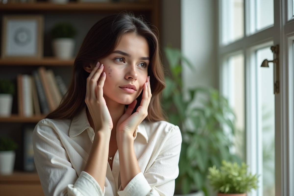 Jeune femme regardant ses cicatrices faciales dans un intérieur