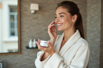 Jeune femme appliquant une creme visage dans une salle de bain moderne