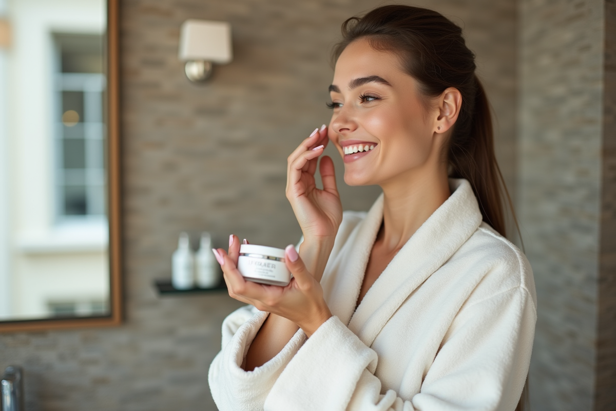 Jeune femme appliquant une creme visage dans une salle de bain moderne