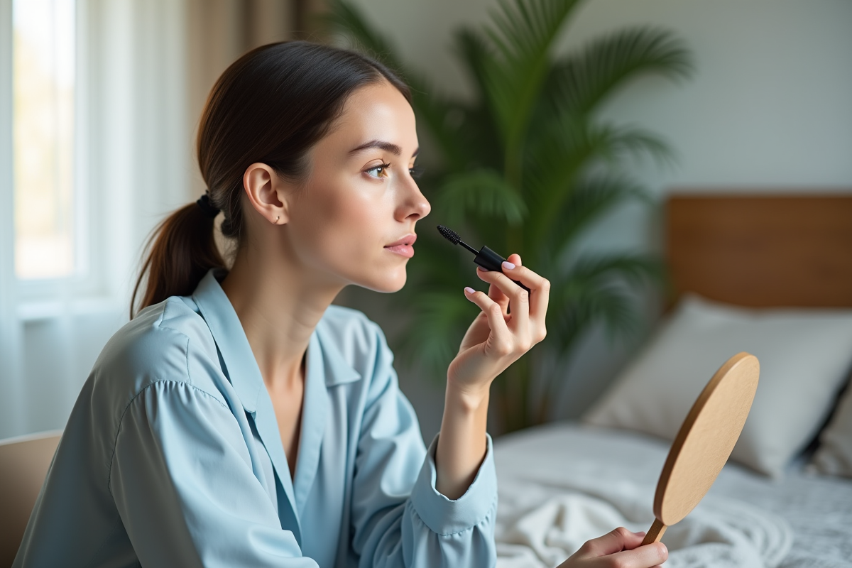 Jeune femme vérifiant son mascara dans un miroir de chambre