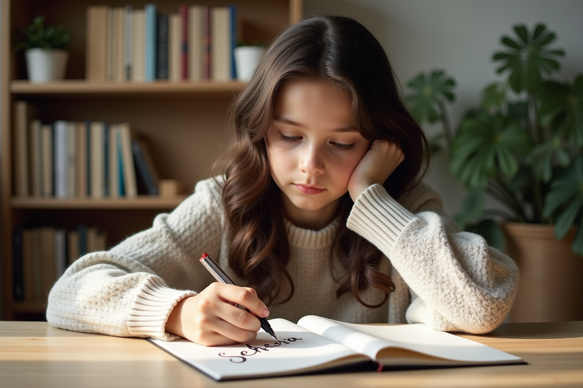 Jeune fille dessinant le mot Sephora dans un carnet