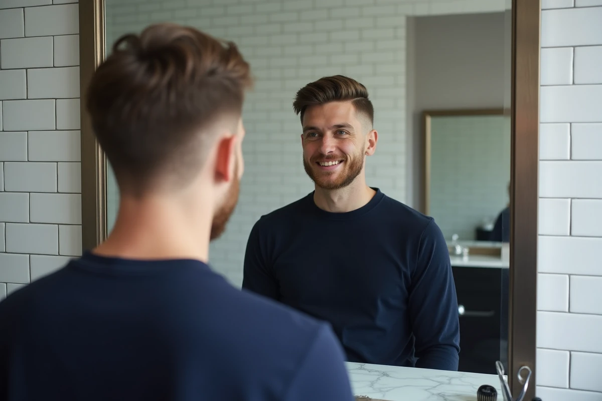 Jeune homme admirant son dégradé raie sur le côté dans le miroir d'un salon de coiffure moderne