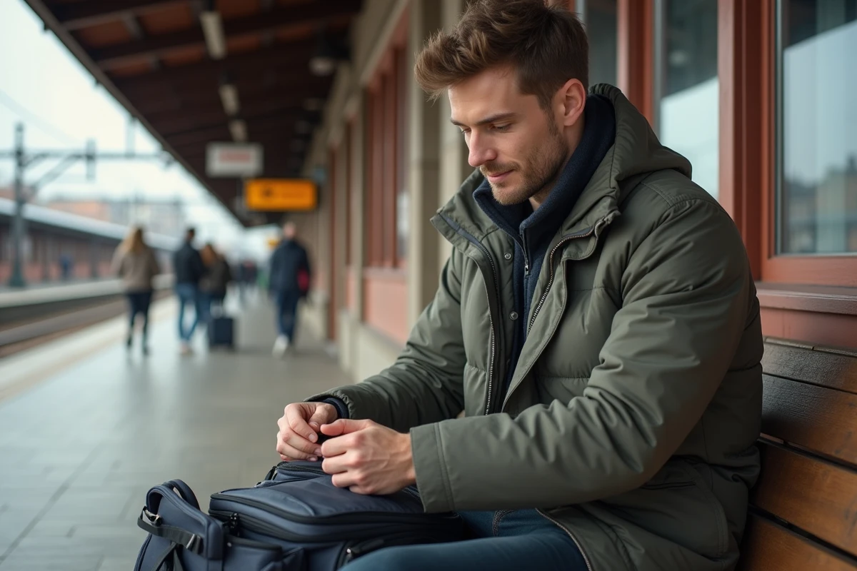 Jeune homme préparant son kit de rasage en extérieur