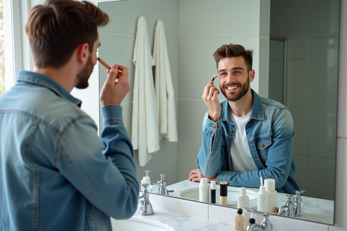 Jeune homme appliquant du concealer dans sa salle de bain