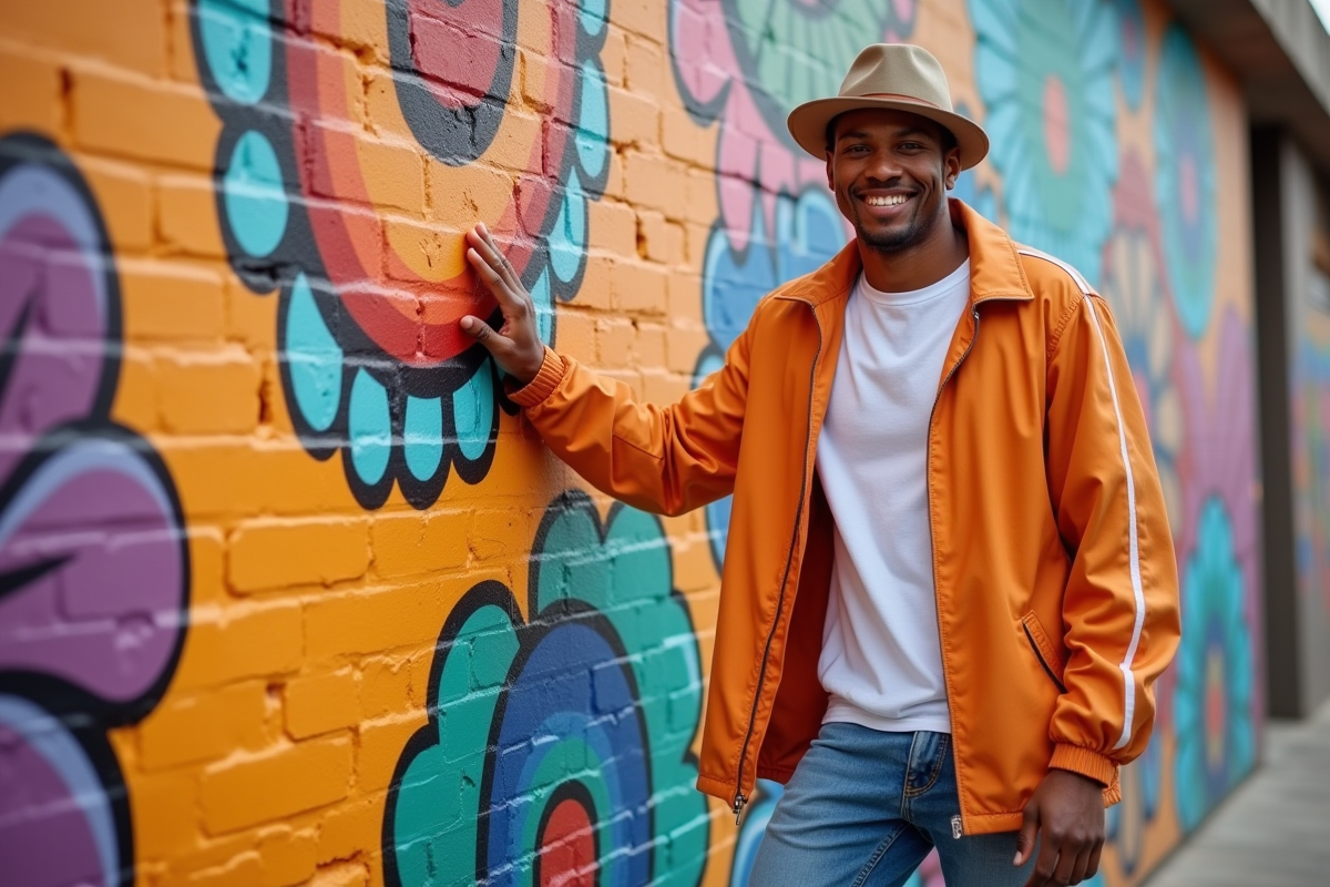 Jeune homme devant un mur coloré en extérieur urbain