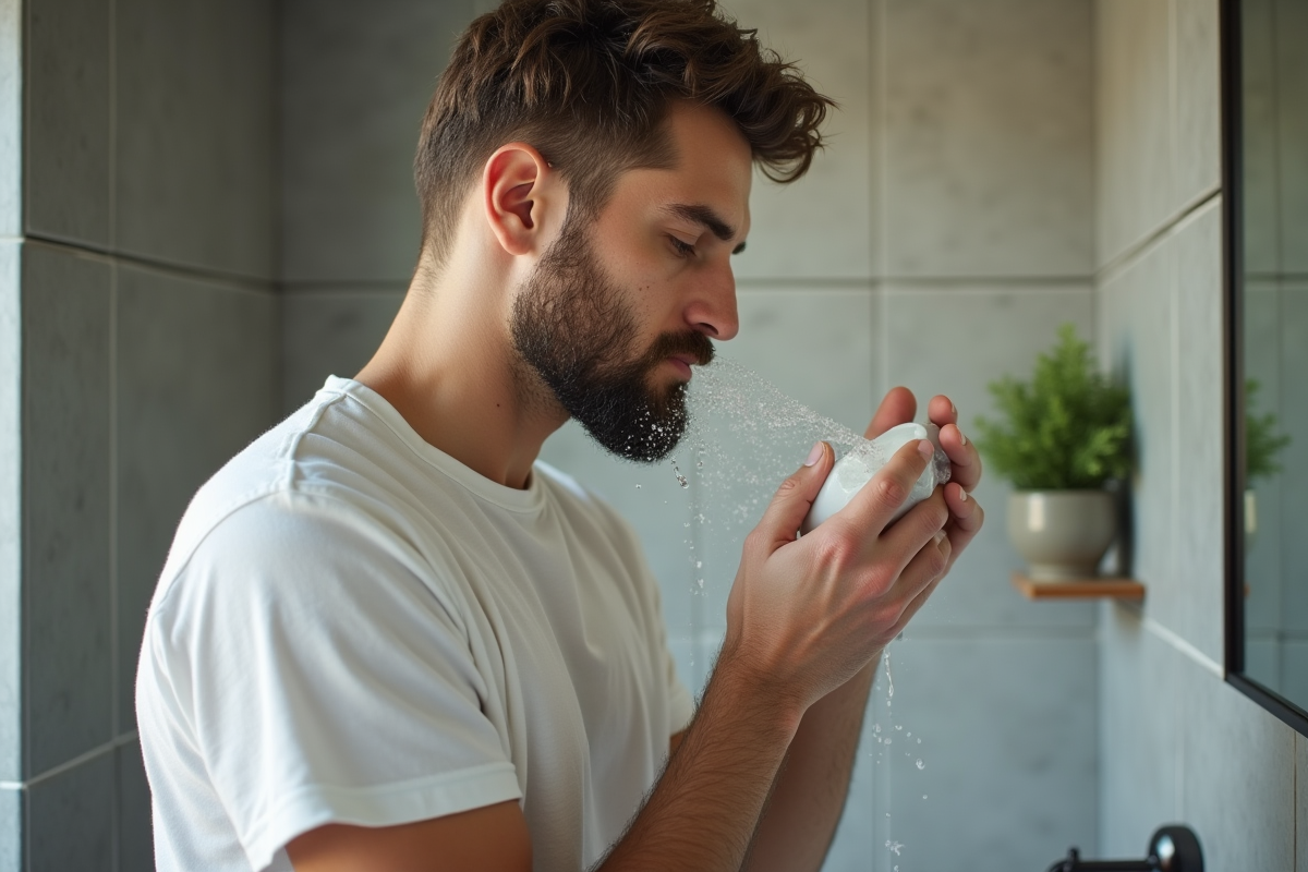 Jeune homme se rinçant le visage avec un nettoyant lentilles