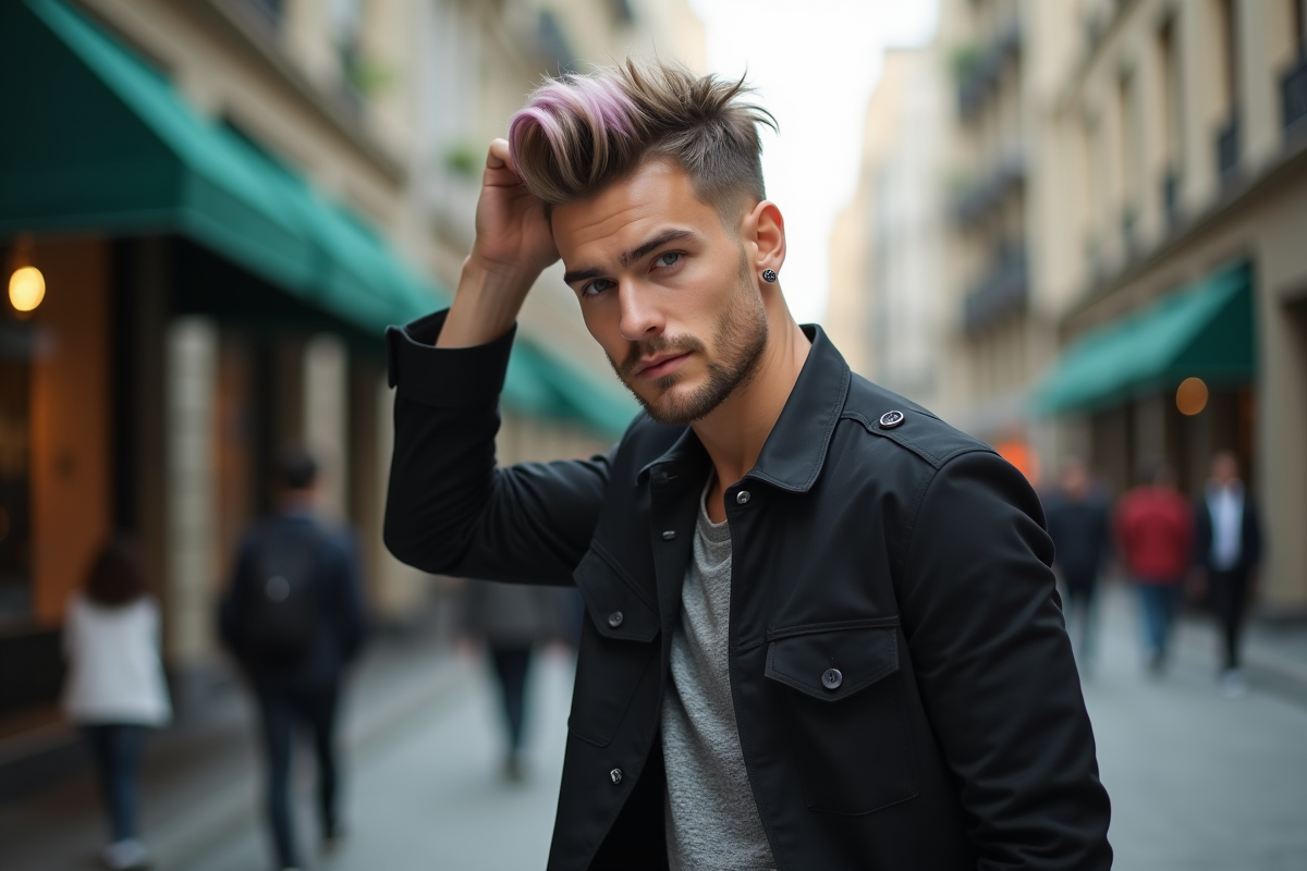 Jeune homme avec coiffure tendance en ville