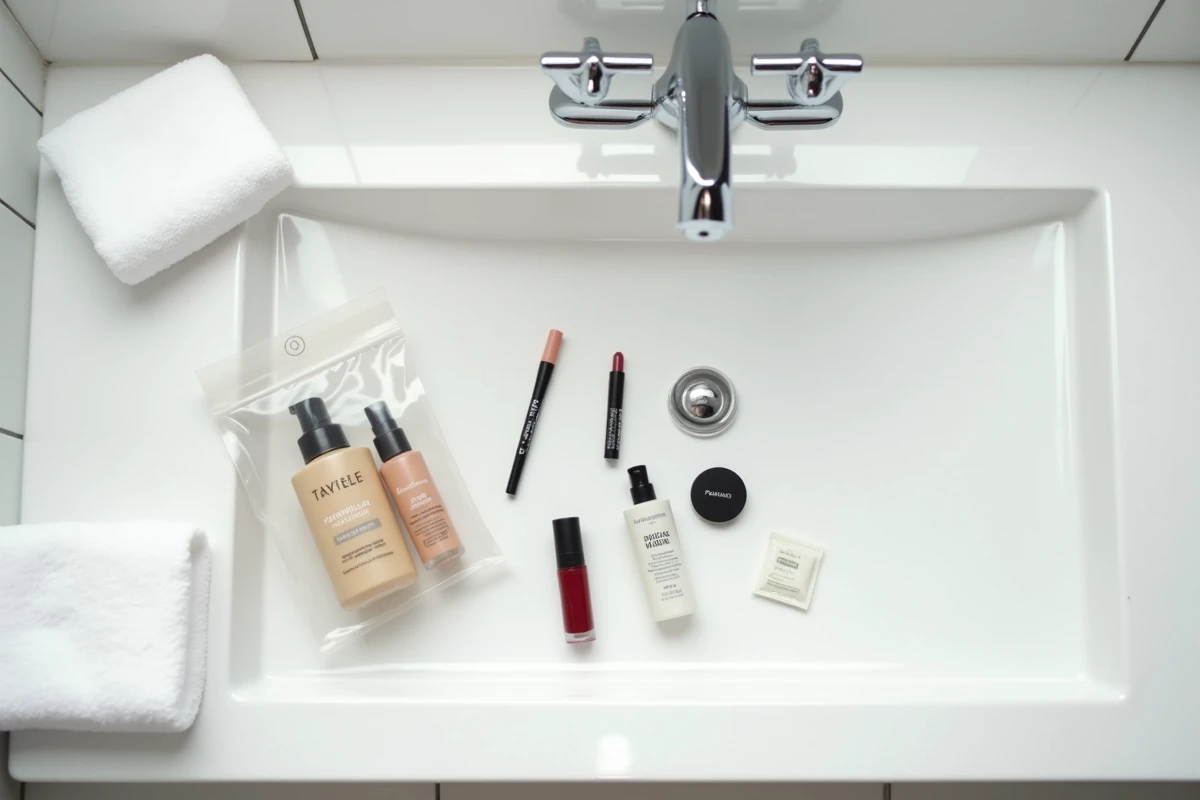 Flat lay de produits cosmétiques de voyage en format 100ml avec sac transparent conforme aux règles des liquides en cabine