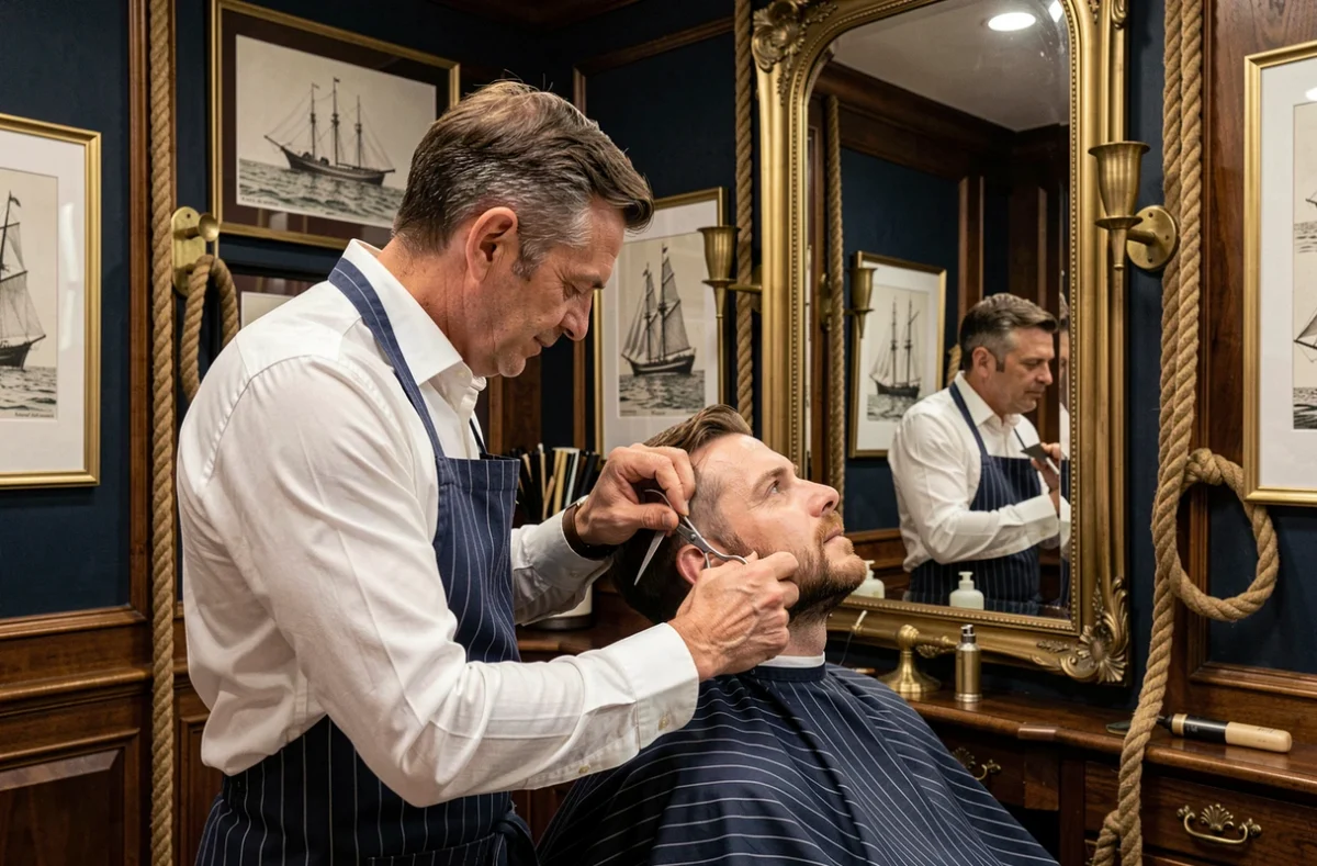 Coiffeur barbu taillant une barbe avec précision dans le salon L'Equipage Lyon au décor maritime navy et laiton