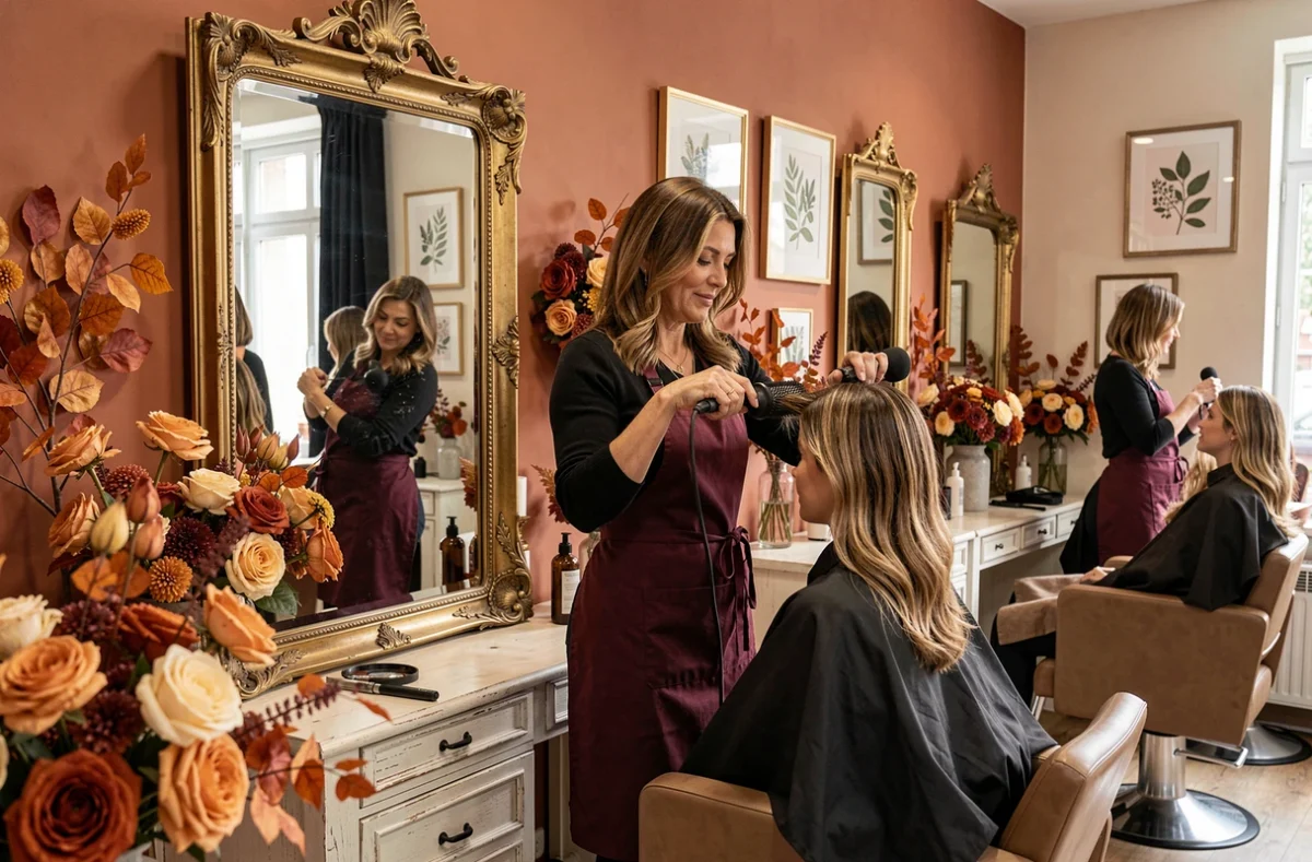 Styliste au travail dans le salon Les Saisons by Christian Noël à Lyon avec décoration botanique élégante et tons chauds