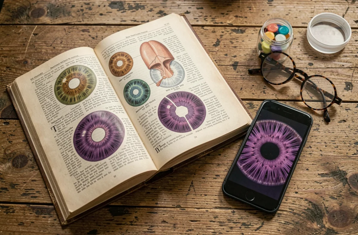 Livre d'ophtalmologie vintage ouvert sur des illustrations d'iris violets posé sur un bureau en bois, évoquant les mythes et réalités scientifiques sur les yeux violets