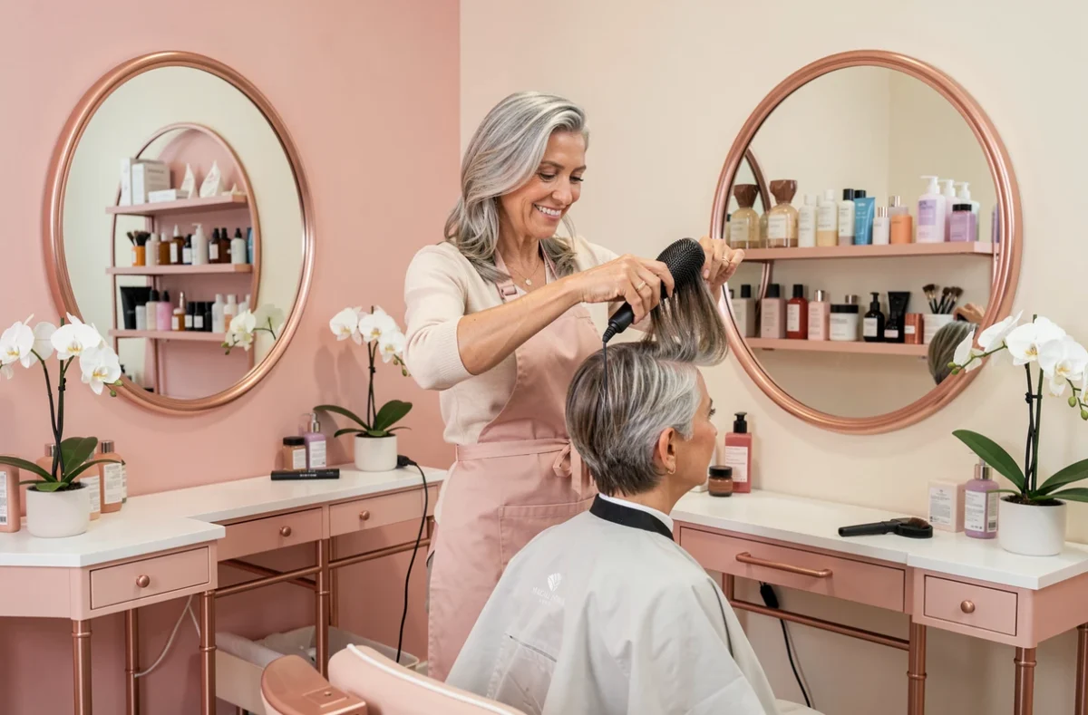 Coiffeuse expérimentée finalisant un brushing dans le salon intime et élégant de Magali Soria à Lyon