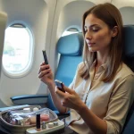 Femme appliquant du gloss dans un avion avec des cosmétiques de voyage en format liquide dans un sac transparent sur la tablette