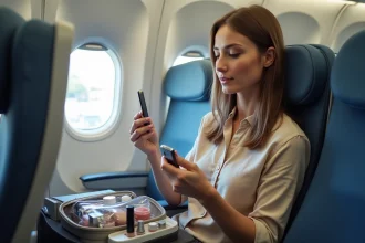Femme appliquant du gloss dans un avion avec des cosmétiques de voyage en format liquide dans un sac transparent sur la tablette