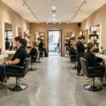 Intérieur d'un salon de coiffure haut de gamme à Lyon avec plusieurs coiffeurs au travail et une ambiance moderne et professionnelle