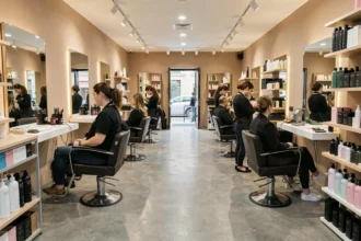 Intérieur d'un salon de coiffure haut de gamme à Lyon avec plusieurs coiffeurs au travail et une ambiance moderne et professionnelle