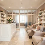 Intérieur d'un institut de beauté moderne et élégant dans le Calvados, avec des produits cosmétiques et une ambiance soignée