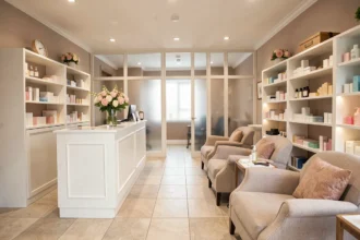 Intérieur d'un institut de beauté moderne et élégant dans le Calvados, avec des produits cosmétiques et une ambiance soignée