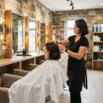Vue d'ensemble d'un salon de coiffure moderne dans le Puy-de-Dôme avec coiffeuse et cliente