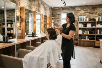 Vue d'ensemble d'un salon de coiffure moderne dans le Puy-de-Dôme avec coiffeuse et cliente