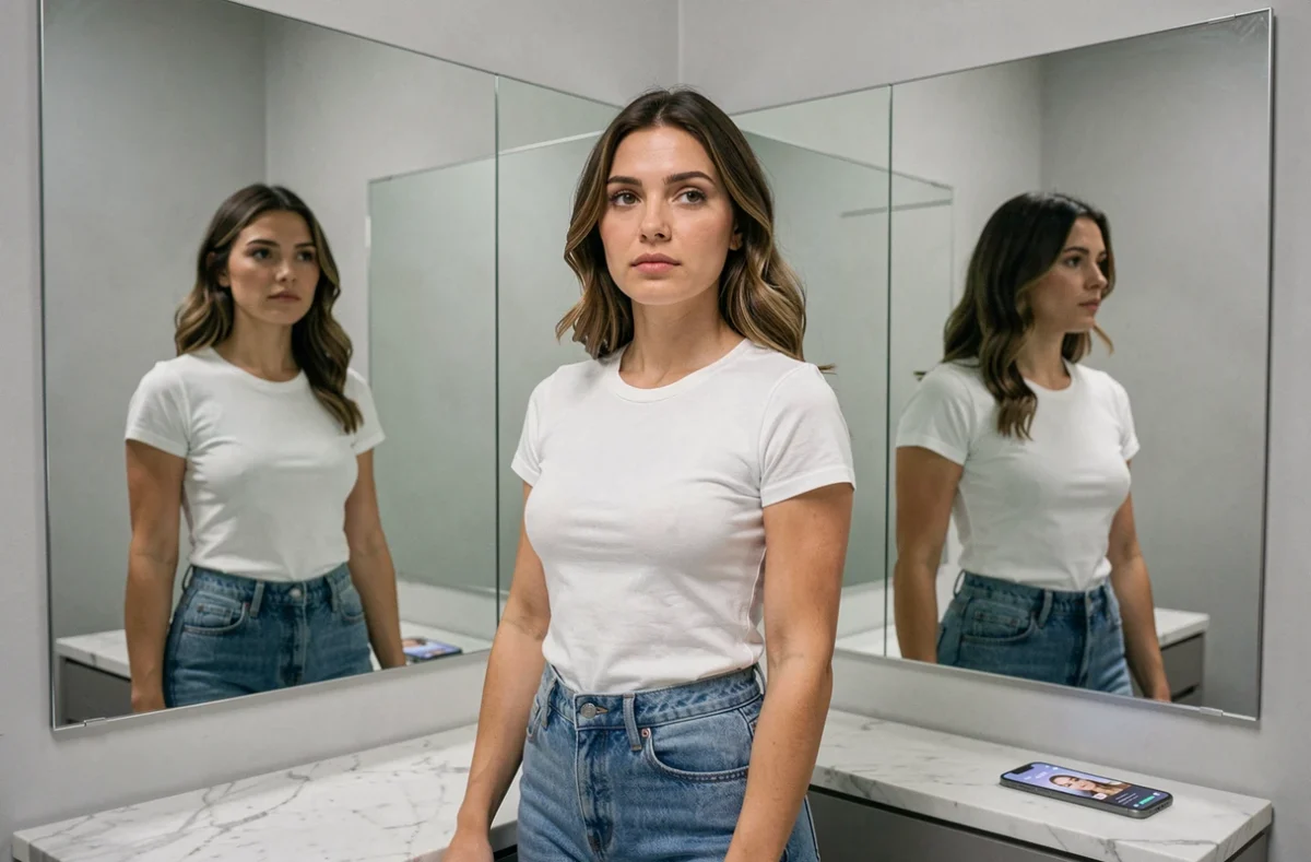 Femme face à un miroir triptych avec une application de filtre beauté sur smartphone, questionnant les normes algorithmiques de la beauté féminine