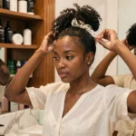 Jeune femme noire prenant soin de ses cheveux naturels frisés en les attachant avec un scrunchie en soie pour protéger sa coiffure Money Bun