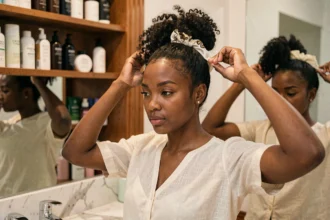 Jeune femme noire prenant soin de ses cheveux naturels frisés en les attachant avec un scrunchie en soie pour protéger sa coiffure Money Bun