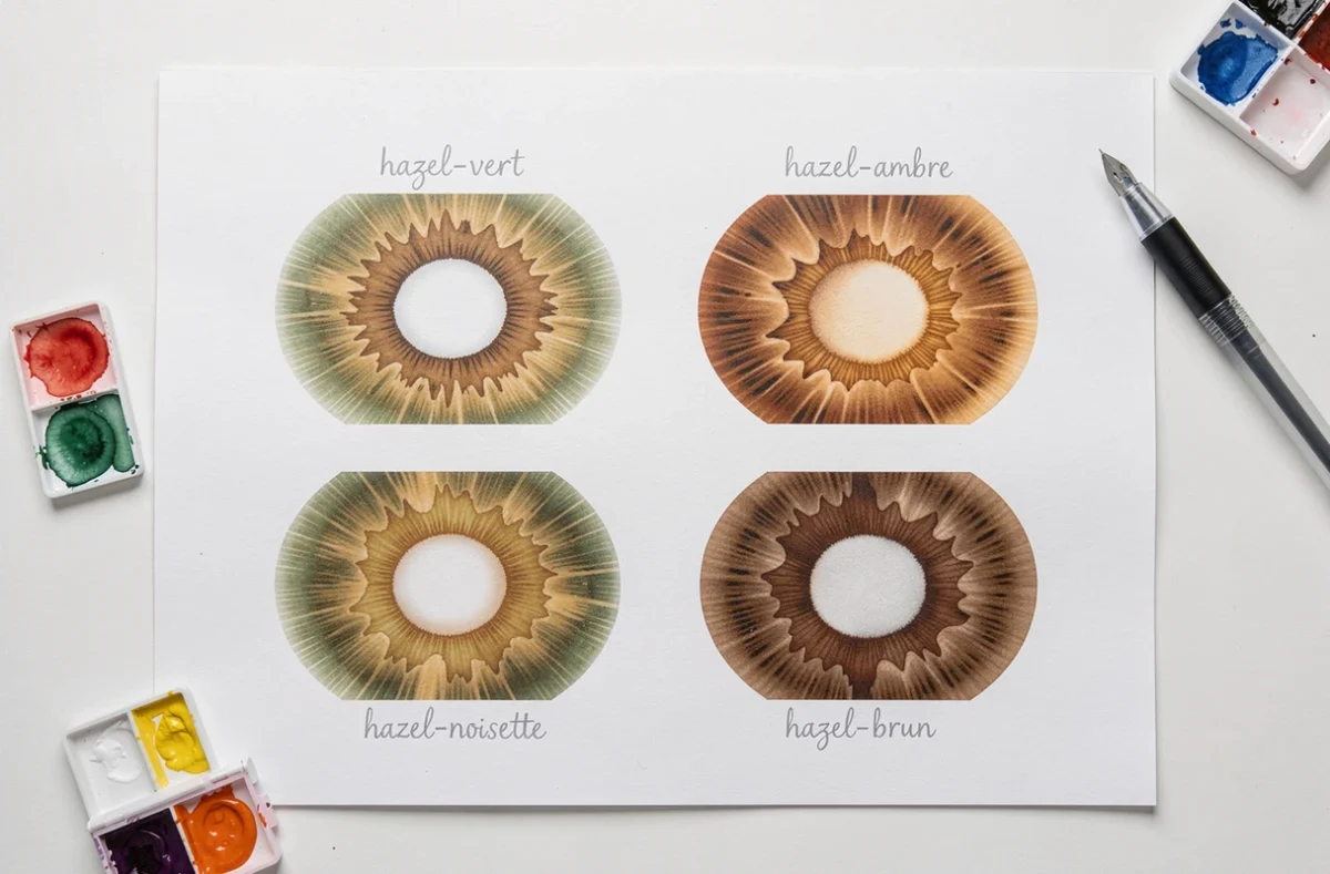 Nuancier des variations de couleur des yeux hazel, swatches photographiques de comparaison ambre vert noisette