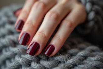 Mains féminines aux ongles courts avec gel bordeaux sur fond de laine grise en hiver, sans décollement ni casse