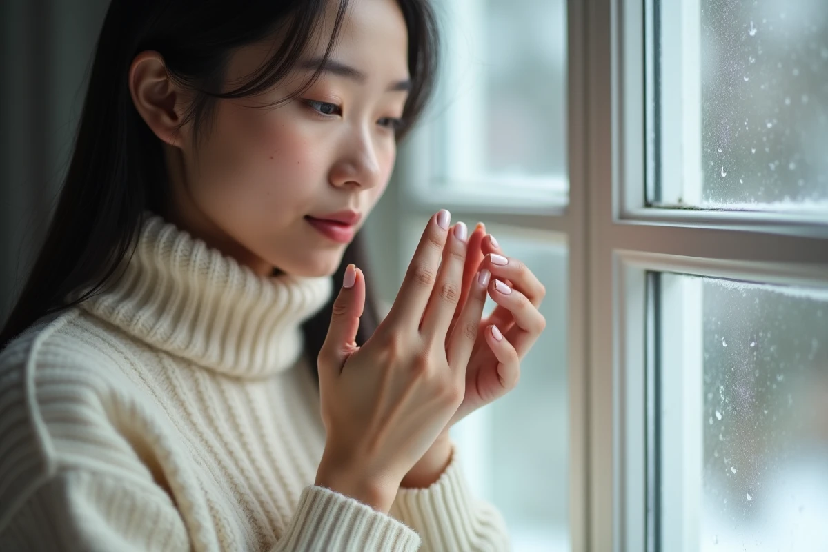 Jeune femme inspectant ses ongles courts en gel nude près d'une fenêtre givrée en hiver, pull col roulé crème