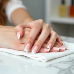 Mains féminines aux ongles en porcelaine avec finition French manucure posées sur un marbre blanc dans un salon de beauté