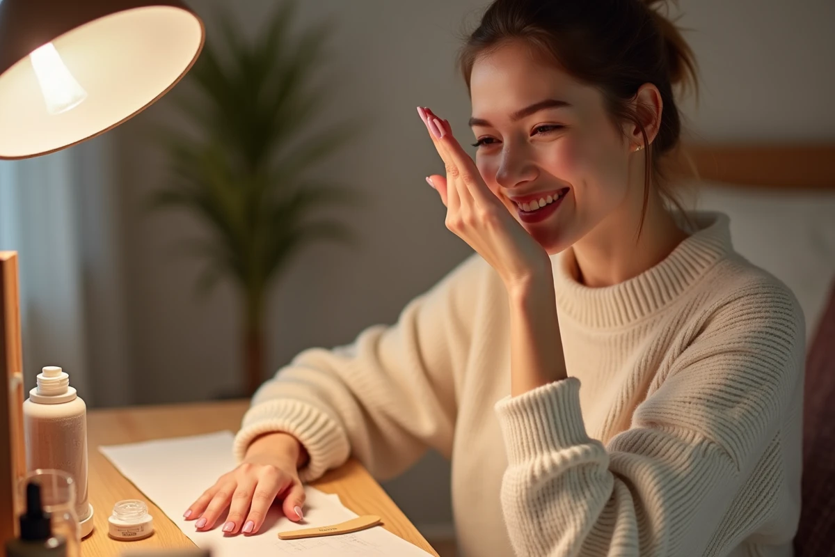 Jeune femme admirant ses ongles en porcelaine faits maison devant un miroir de coiffeuse dans une chambre cosy