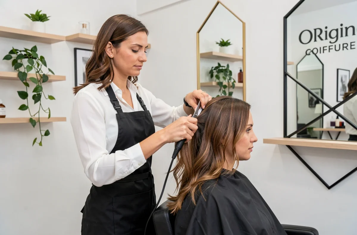 Coiffeuse professionnelle réalisant une coupe précise sur une cliente dans le salon Origin'coiffure à Lyon