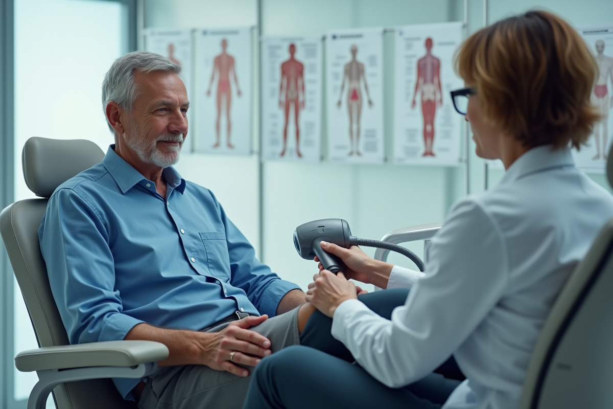 Patient homme recevant un traitement laser sur la jambe