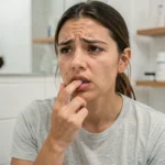Jeune femme inspectant un piercing labret avec une expression de préoccupation dans une salle de bain moderne