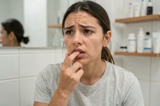 Jeune femme inspectant un piercing labret avec une expression de préoccupation dans une salle de bain moderne