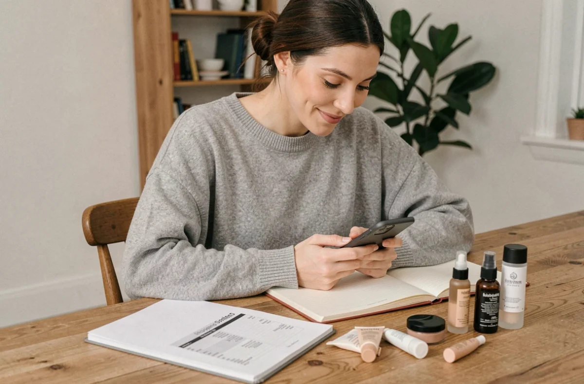 Jeune femme planifiant ses achats beauté avec une liste de courses et des produits cosmétiques étalés sur une table en bois