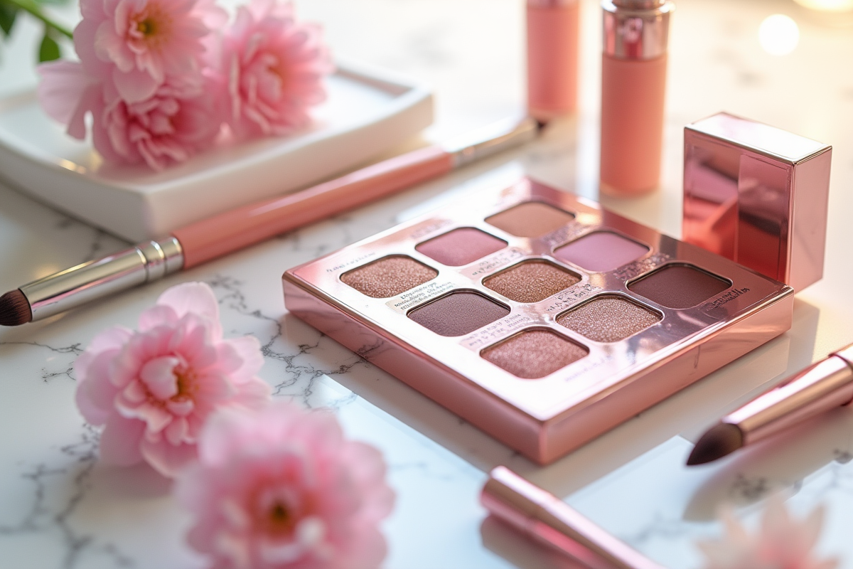 Arrangement de produits maquillage tendance sur marbre clair