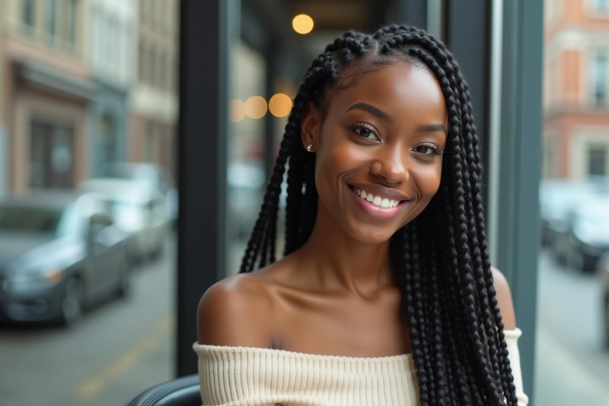 Portrait d'une jeune femme souriante avec des box braids parfaitement réalisées dans un salon de coiffure africaine