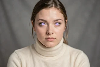 Portrait en gros plan d'une jeune femme aux yeux violets naturels, illustration des légendes urbaines sur la couleur des yeux