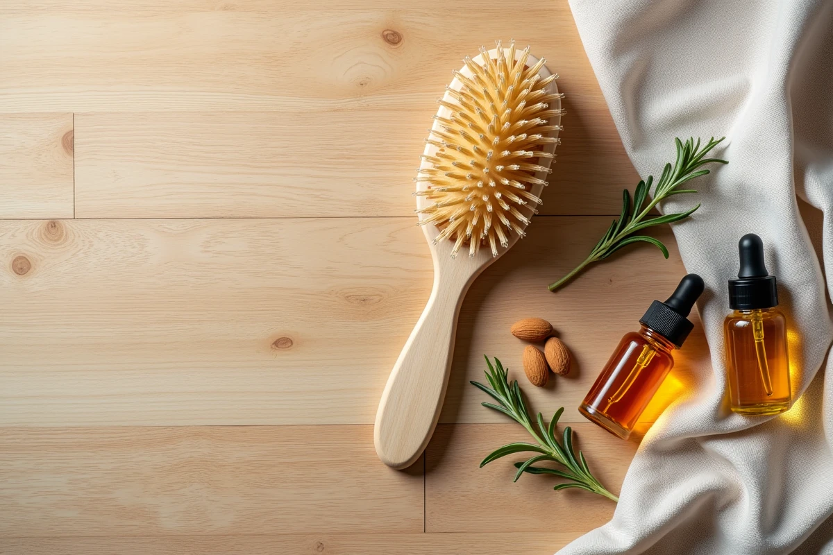 Pose à plat d'une brosse massante naturelle et de flacons d'huiles végétales comme le jojoba et l'argan sur bois clair