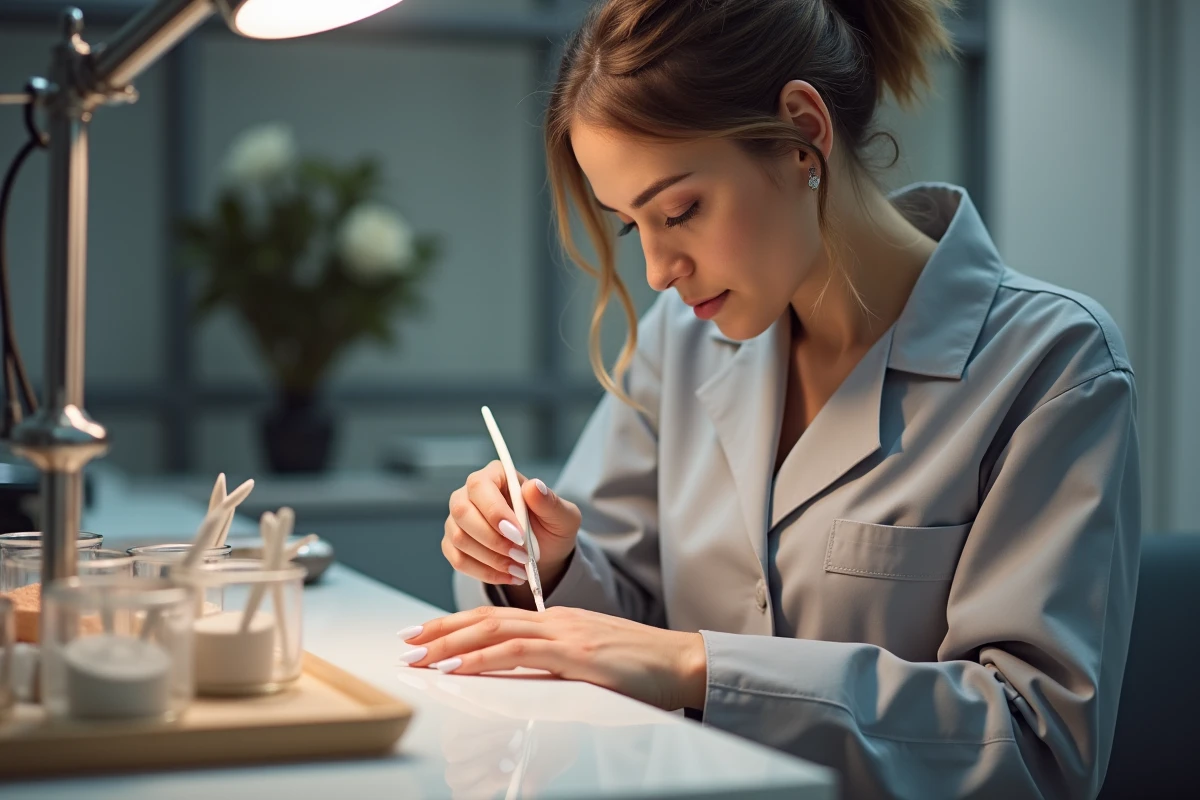 Technicienne en ongles appliquant du gel porcelaine sur les ongles d'une cliente dans un salon de manucure professionnel