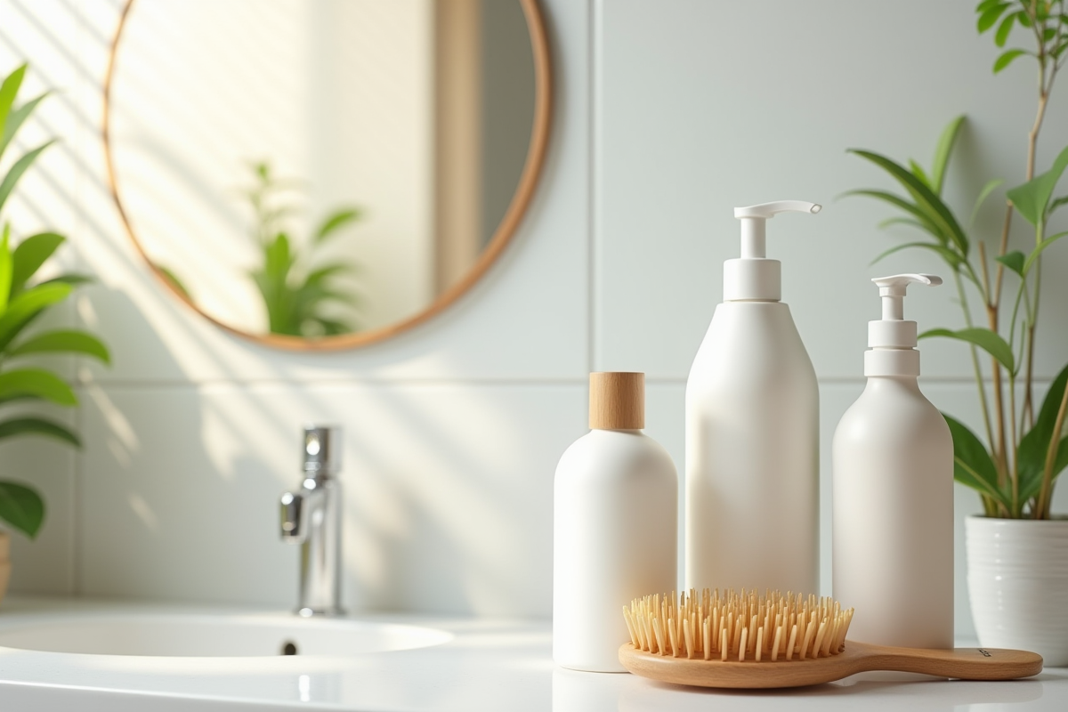 Ligne de produits capillaires et brosse sur un plan de travail propre