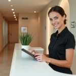 Réceptionniste souriante dans un centre de bronzage moderne à Paris 18 avec cabines UV en arrière-plan