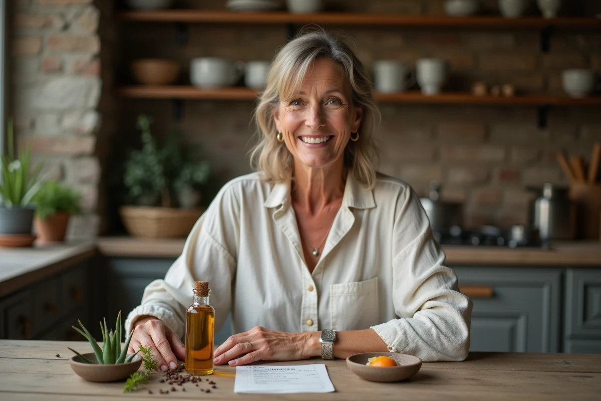 Femme mature préparant un soin naturel maison pour la poitrine avec huiles et plantes, recette de grand-mère beauté