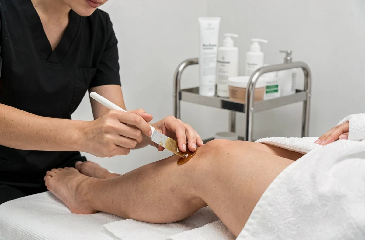 Séance d'épilation à la cire réalisée dans un institut esthétique professionnel à Caen