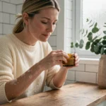 Femme appliquant une crème corps Sol de Janeiro sur peau sèche en hiver dans une salle de bain cosy