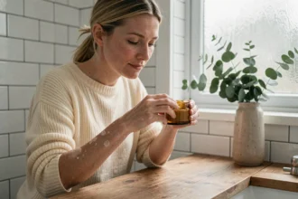 Femme appliquant une crème corps Sol de Janeiro sur peau sèche en hiver dans une salle de bain cosy