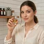 Jeune femme tenant un flacon de parfum élégant dans une salle de bain minimaliste pour une routine parfum abordable