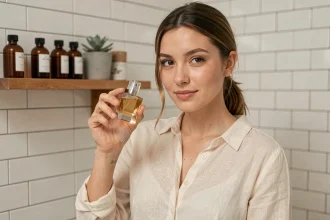 Jeune femme tenant un flacon de parfum élégant dans une salle de bain minimaliste pour une routine parfum abordable